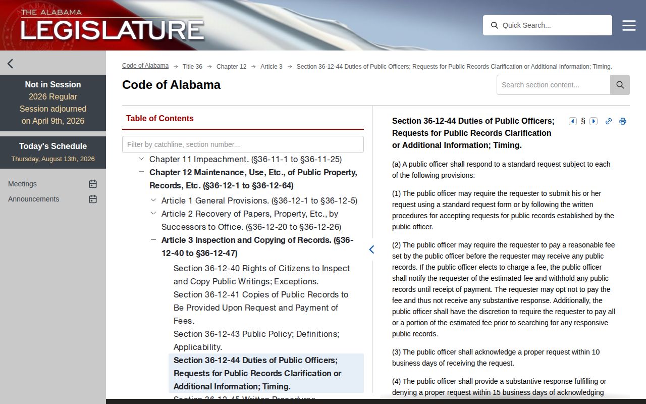 Alabama public records response law for Bibb County booking requests